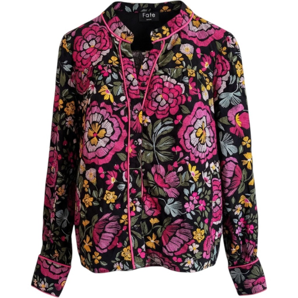 Fate Womens Floral Cotton Button Down Blouse Black Pink Yellow Small